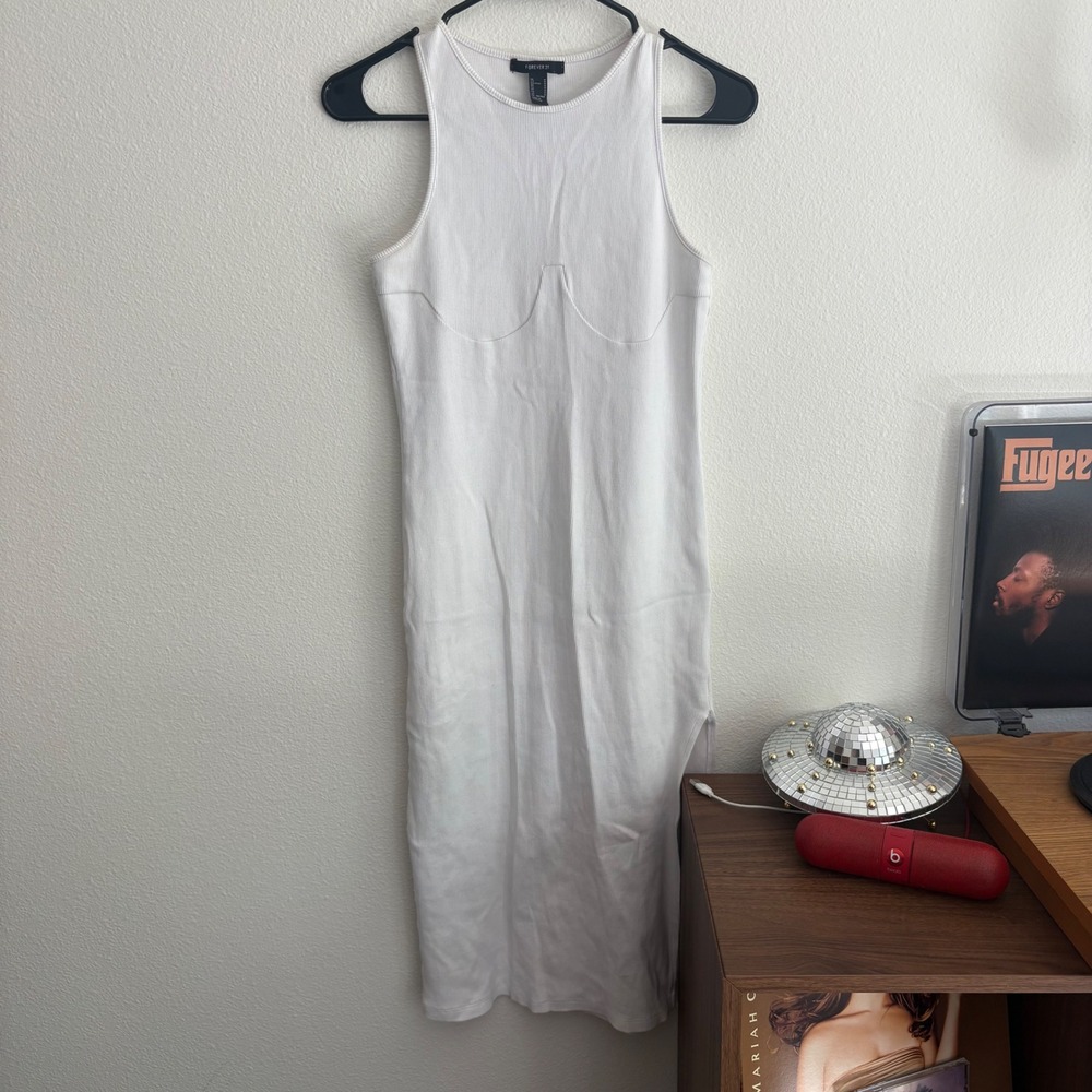 Forever 21 White Ribbed Bustier Seam Midi Bodycon Dress Sleeveless Medium - Picture 3 of 8
